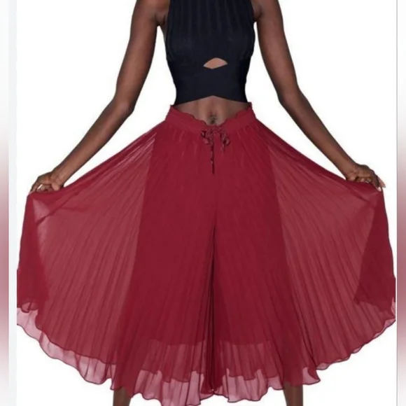 ZARA maroon pleated Palazzo Culotte wide pant trousers - Picture 3 of 5